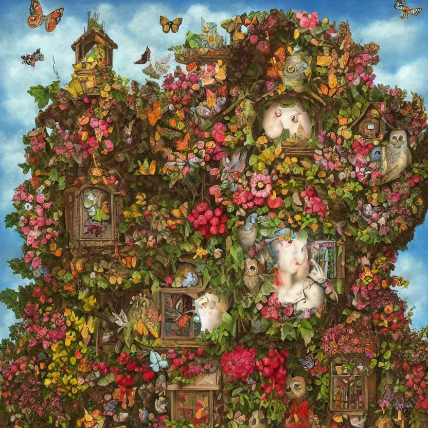 Prompt: a house with a tower, owl, butterflies, berries, lowbrow in the style of mark ryden and gioseppo arcimboldo, 8 k,