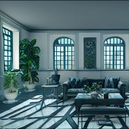 Image similar to vaporwave living room, liminal space, high detail, rendered in unreal engine, 3d render, god rays, volumetric lighting, mansion, interior, large windows, vegetation