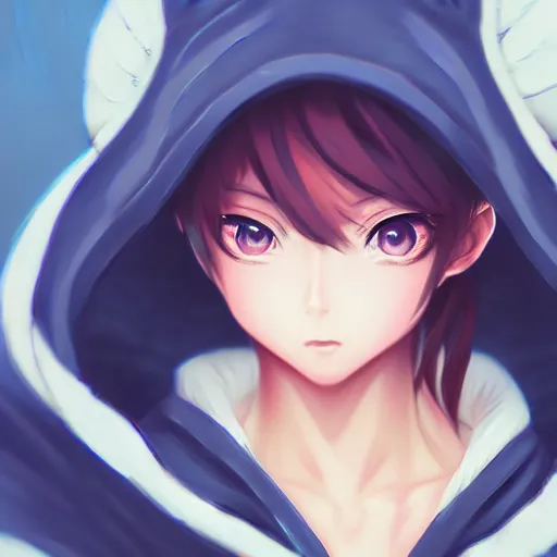 Image similar to advanced anime character art render, beautiful anime girl wearing a whale skin hoodie outfit ,blue watery eyes, mid close up shot , medium shot, Rossdraws, WLOP , Sakimimichan