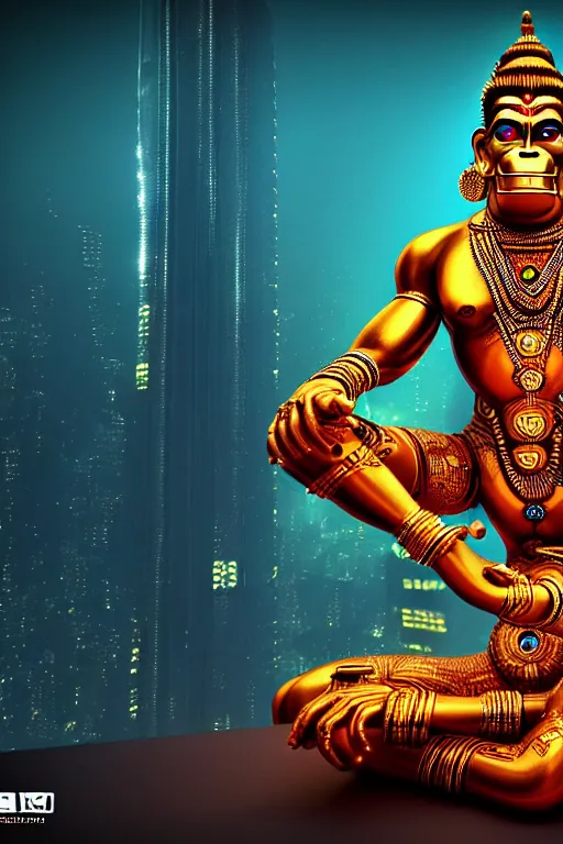 Image similar to high quality 3 d render colorful cyborg! hanuman sitting, gold madhubani, highly detailed, cyberpunk!! mumbai in the background, vray cinematic smooth, blade runner, moody light, low angle, uhd 8 k, sharp focus