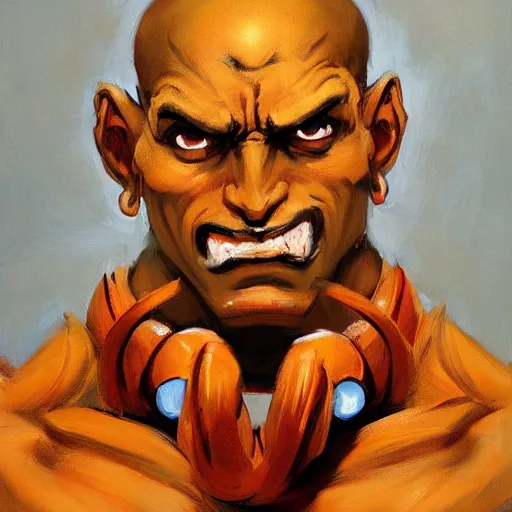 Prompt: greg manchess portrait painting of dhalsim from street fighter spitting fire as overwatch character, medium shot, asymmetrical, profile picture, organic painting, sunny day, matte painting, bold shapes, hard edges, street art, trending on artstation, by huang guangjian and gil elvgren and gerald brom