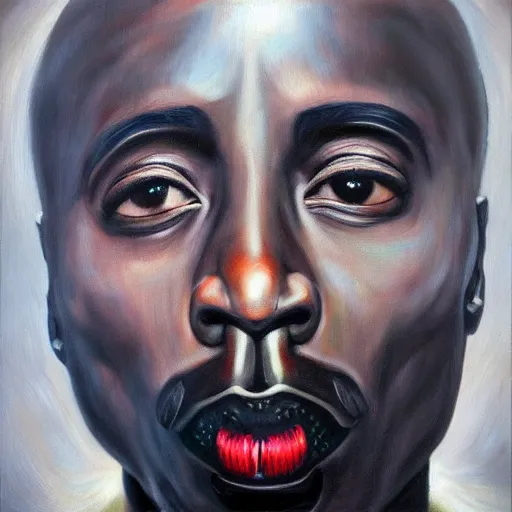 Image similar to a realistic oil painting of tupac shakur as a cybernetic cyborg, surrealism portrait, surrealism album cover