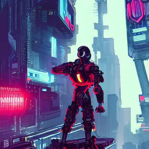 Prompt: male character with short white hair, has a singular robotic arm, city in background, neonpunk, dystopian, scifi, intricate, detailed red lighting, digital art, trending on artstation