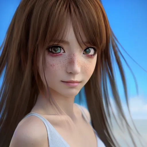 Prompt: Render of a very beautiful 3d anime girl, long hair, hazel eyes, cute freckles, full round face, short smile, cute sundress, silver tone, serene beach setting, medium shot, mid-shot, highly detailed, trending on Artstation, Unreal Engine 4k