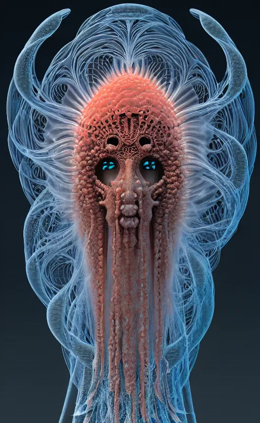 Prompt: gothic goddess intricate mask, eagle coral, jelly fish, mandelbulb 3 d, fractal flame, octane render, cyborg, biomechanical, futuristic, by ernst haeckel