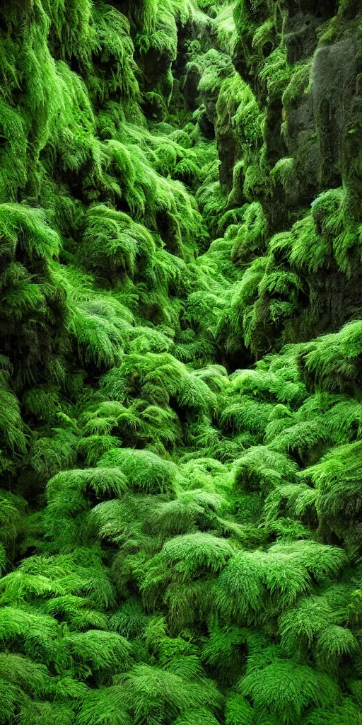 Image similar to dream looking through, a hyper realistic photograph fertile, lush mossy ferns canyon, ferns, minimalist structure, misty, raining, icelandic valley, in the style of reuben wu, roger deakins