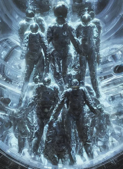 Image similar to astronauts in dark and empty void underwater - complex and hyperdetailed technical suit. reflection and dispersion materials. rays and dispersion of light. volumetric light. 5 0 mm, f / 3 2. noise film photo. flash photography. ultra realistic, wide angle. poster by wayne barlowe, hajime sorayama aaron horkey, craig mullins