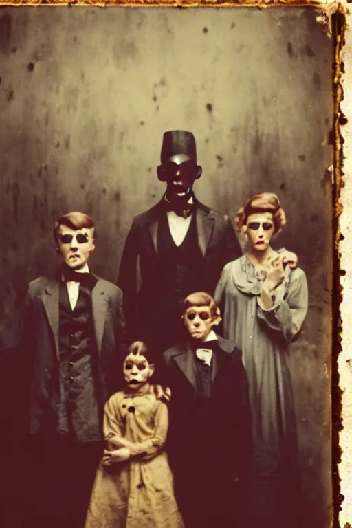 Prompt: an unsettling old colored family photograph, anxious people standing in a large haunted house, phantom ghosts in the background, cinematic, horror, photorealistic, vintage,