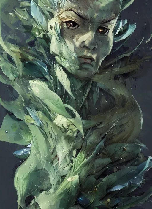 Image similar to semi reallistic gouache gesture painting, by yoshitaka amano, by ruan jia, by Conrad roset, by dofus online artists, detailed anime 3d render cilantro alien monster, cilantro terrible alien monster, antrophomorfic cilantro leaves , portrait, cgsociety, artstation, rococo mechanical, Digital reality, sf5 ink style, dieselpunk atmosphere, gesture drawn