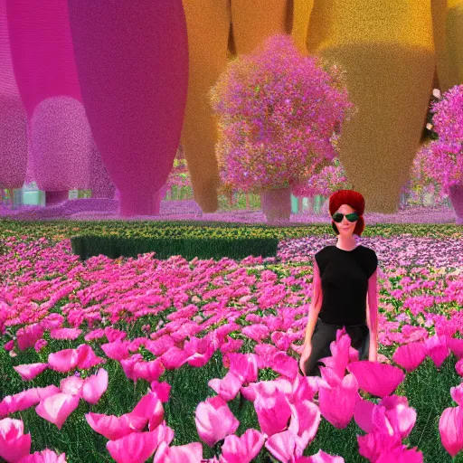 Image similar to group young ladies lost in a giant flower garden, pinks, gold in the style of cyberpunk glitch painting, octane render, 8k