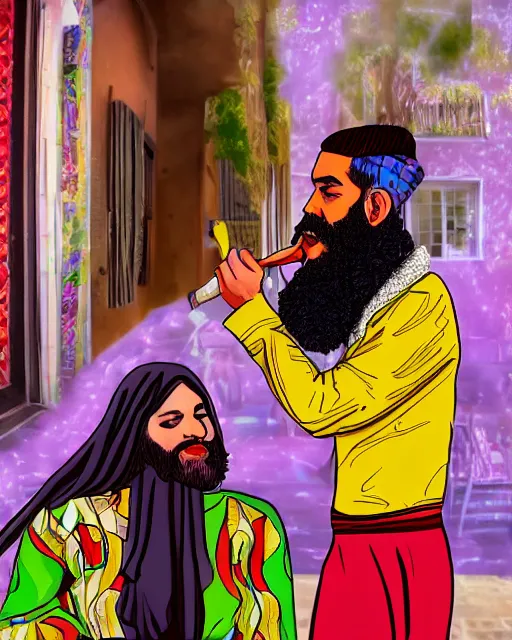 Prompt: chad bearded guy smoking hookah on a date with girl in turkish national dress, acid trip style, artwork, 4 k