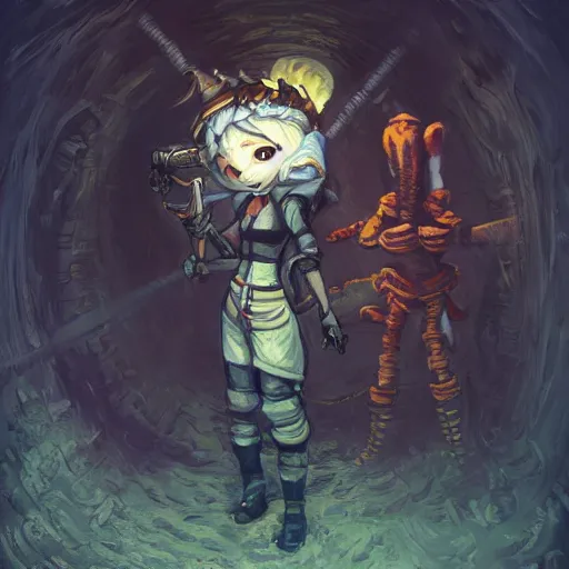 Prompt: A cute badger-person girl medic protagonist with bandages and salves is exploring the grimdarkest dungeon depths. trending on Pixiv. trending on ArtStation. A vibrant digital oil painting. A highly detailed fantasy character illustration by Wayne Reynolds and Charles Monet and Gustave Dore and Carl Critchlow and Bram Sels