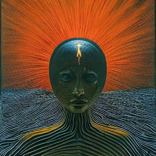 Prompt: the queen of the sun by zdzisław beksiński, jeffrey smith and h.r. giger, oil on canvas, XF IQ4, f/1.4, ISO 200, 1/160s, 8K, RAW, unedited, symmetrical balance, in-frame