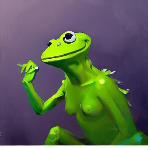 Image similar to greg manchess portrait painting of kermit the frog as overwatch character, medium shot, asymmetrical, profile picture, organic painting, sunny day, matte painting, bold shapes, hard edges, street art, trending on artstation, by huang guangjian and gil elvgren and sachin teng