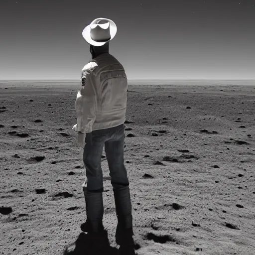 Image similar to cowboy standing on the moon looking up at earth and the stars, photorealistic, octane render, blender render, unreal engine, 3 5 mm