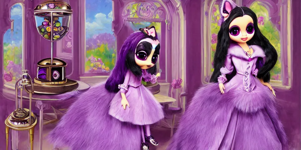 Image similar to 3 d purple littlest pet shop purple raccoon, vintage gothic gown, gumball machine, real fur, smiling, lace, master painter and art style of noel coypel, art of emile eisman - semenowsky, art of edouard bisson