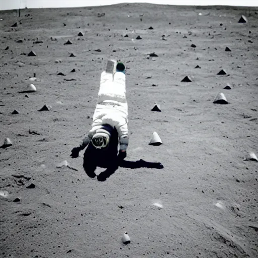 Prompt: a man doing a back bend on the moon