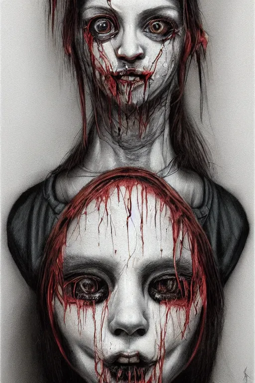 Image similar to crayon cartoon grunge portrait of a creepy horror nurse girl . intricate artwork. nightmare fuel. terrifying. by zdzisław Beksiński, wlop, dan mumford , trending on artstation, greg rutkowski very coherent symmetrical artwork. cinematic, hyper realism, high detail, octane render, 8k