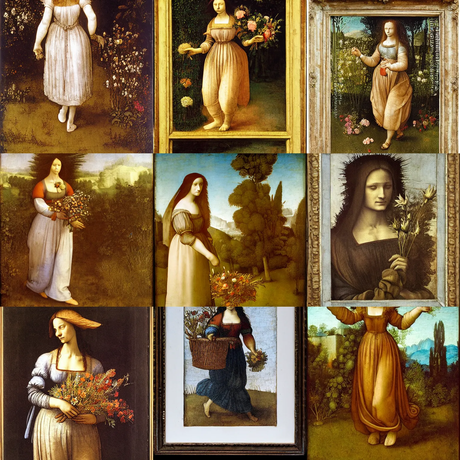 Prompt: woman holding a bunch of flowers, walking in a garden, by leonardo da vinci