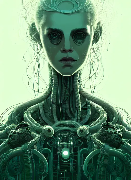 Image similar to highly detailed portrait of a biopunk long curly white hair tribal lady, stray wiring by atey ghailan, james gilleard, by joe fenton, by greg rutkowski, by greg tocchini, by kaethe butcher, 4 k resolution, gradient green, black and white color scheme!!! ( ( irradiated robotic wasteland background ) )