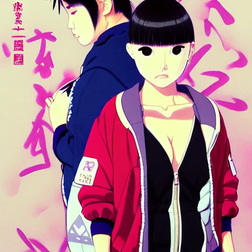 Image similar to a beautiful plus sized model japanese natalie portman, alluring, wearing oversized mayan bomber jacket and leotard with overalls, bulky poofy bomber jacket with mayan patterns, aztec street fashion, gapmoe yandere grimdark, trending on pixiv fanbox, painted by greg rutkowski makoto shinkai takashi takeuchi studio ghibli, akihiko yoshida