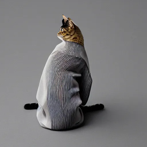 Image similar to A tabby cat wearing clothes designed by Issey Miyake