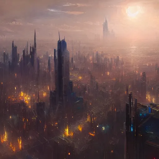 Image similar to Concept art, beautiful painting of a metropolis city, shining its light among stars, 8k, james gurney, greg rutkowski, john howe, artstation