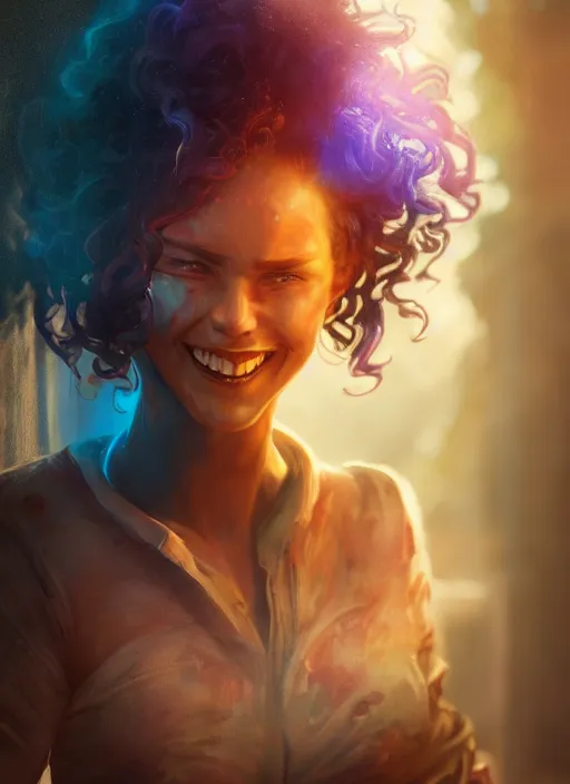 Image similar to an epic fantasy comic book style portrait painting of a girl wearing colorful makeup with a smile and curly brown hair stepping out of a doorway with light shining behind her, unreal 5, daz, hyperrealistic, octane render, cosplay, rpg portrait, dynamic lighting