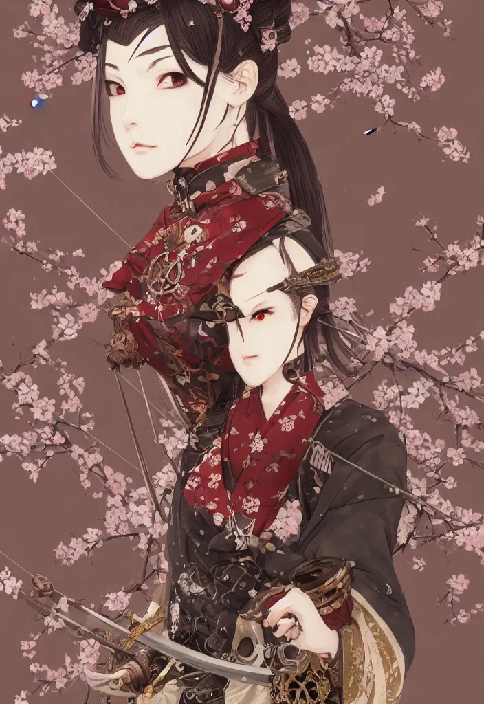 Prompt: portrait of steampunk girl samurai with swords and tachi and bow and arrow and armor and rifle and cross bow combat pose in snow forest sakura cherry blossom swan hakama kimono trending on artstation takato yamamoto krenz cushart