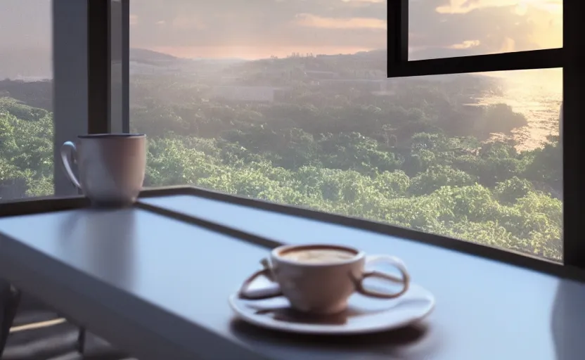 Image similar to a cup of coffee on a cafe table near a window with view to the sunrise, concept art, octane render, unreal engine 5, trending on artstation, high quality, highly detailed, path traced, high coherence, hyperrealistic, godrays, serene scene, soft lighting, macro photo