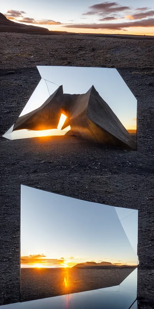 Image similar to futuristic angular architect giant golum monster made from deconstucted charcoal wood and mirrors, refracted, floating, portal, iceland landscape photography sunset, by lurie belegurschi and gunnar freyr