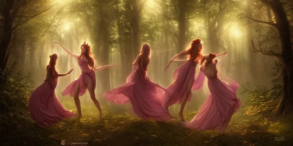 Image similar to masterpiece ephemeral elven girls dancing in the woods at dusk, by rossdraws, face by artgerm and edmund leighton, majestic, volumetric lighting, porcelain skin, photorealistic, intricate, trending on artstation 8 k