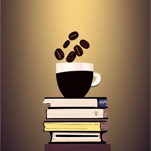 Prompt: Poster of a Cup of coffe on a stack of books, digital art, award winning, trending on artstation, art by artgerm