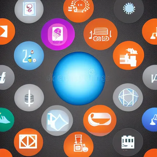 Image similar to concept art of spherical smartphone, apps icons, high performance