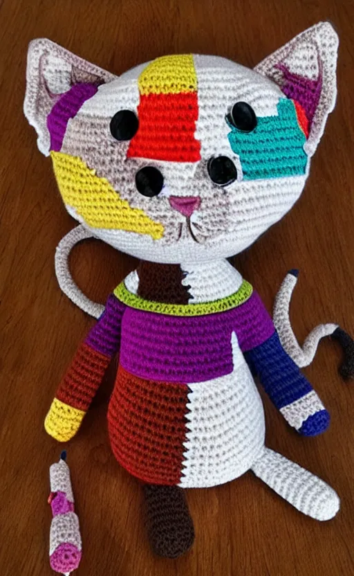 Prompt: multicolored crocheted cyborg cat