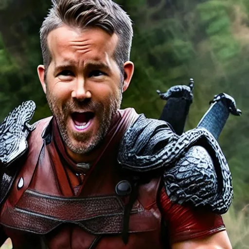 Prompt: Ryan Reynolds fighting a Dragon in the style of Dungeons and Dragons