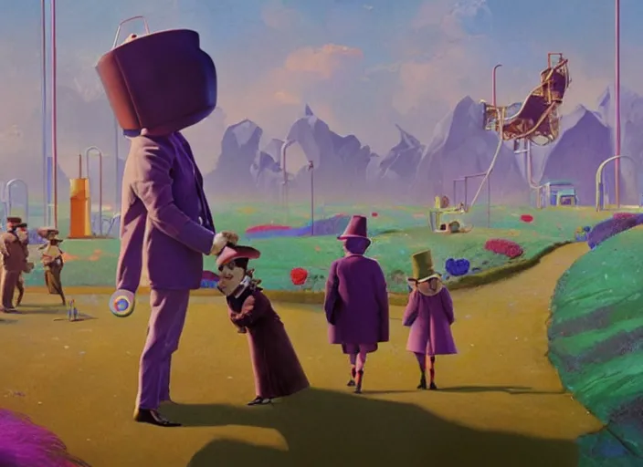 Image similar to film still of Willy Wonka's and the Chocolate Factory 1971 artwork made by Sergey Kolesov