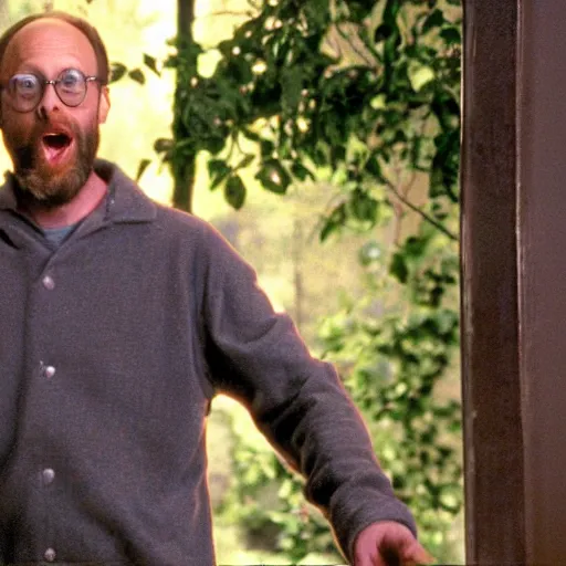 Prompt: Chris Elliot from Scary Movie 2 reaching out to the camera with his tiny hand