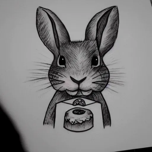 Image similar to a tattoo sketch of a rabbit eating a donut