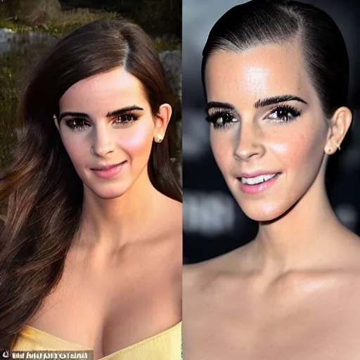 Image similar to a woman who is a genetic combination of kim kardashian and emma watson face and upper - body focus