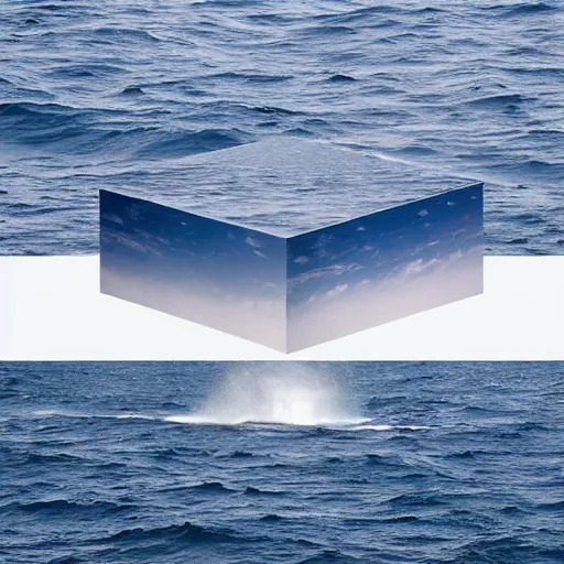 Prompt: a cube in the middle of the sea with images of a tumultuous storm at sea on its sides. in the style of Richard Serra