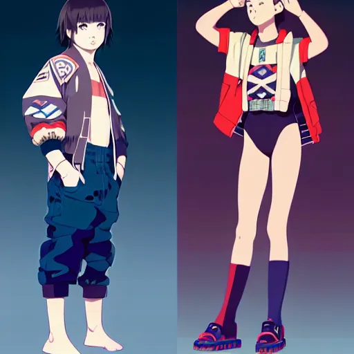 Image similar to a beautiful boyish natalie portman gravure model, wearing oversized mayan bomber jacket and leotard with overalls, bulky poofy bomber jacket with mesoamerican patterns, mesoamerican street fashion, gapmoe yandere grimdark, trending on pixiv fanbox, painted by greg rutkowski makoto shinkai takashi takeuchi studio ghibli, akihiko yoshida