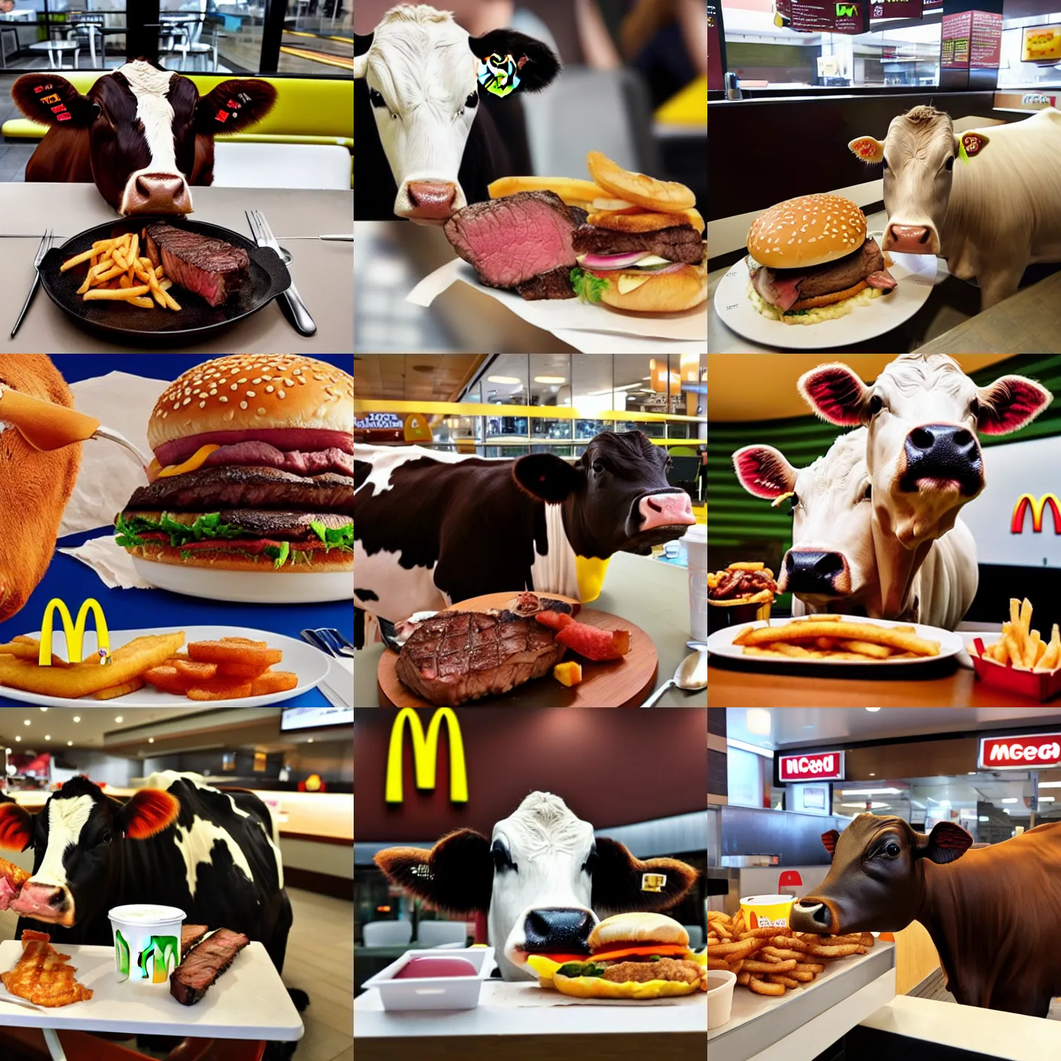 Image similar to a cow eating a steak in mcdonalds