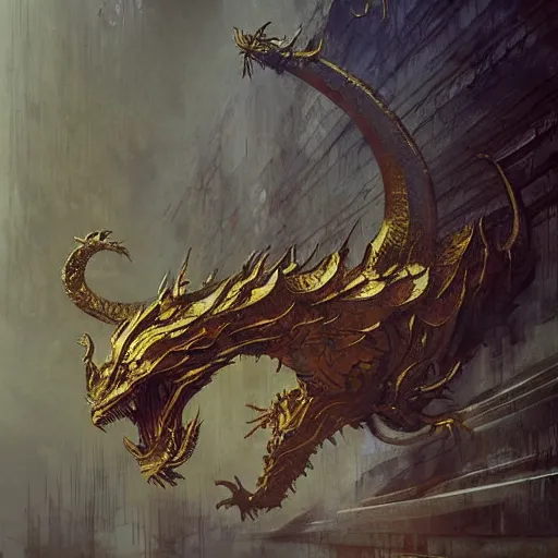 Image similar to brutalist golden chinese dragon, digital art, by seb mckinnon and artgerm and greg rutkowski, featured on artstation