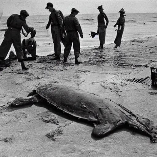 Image similar to 1940s photo, long shot, soldiers examine a huge creature washed up on a beach.