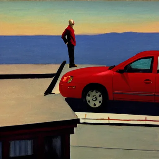 Prompt: larry david standing on roof of 2009 prius, edward hopper painting