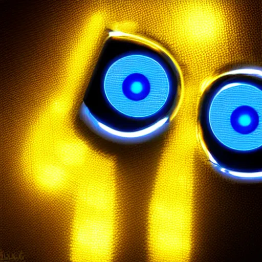 Prompt: wall - e, blue and yellow glowing lights, dark, highly detailed, close up