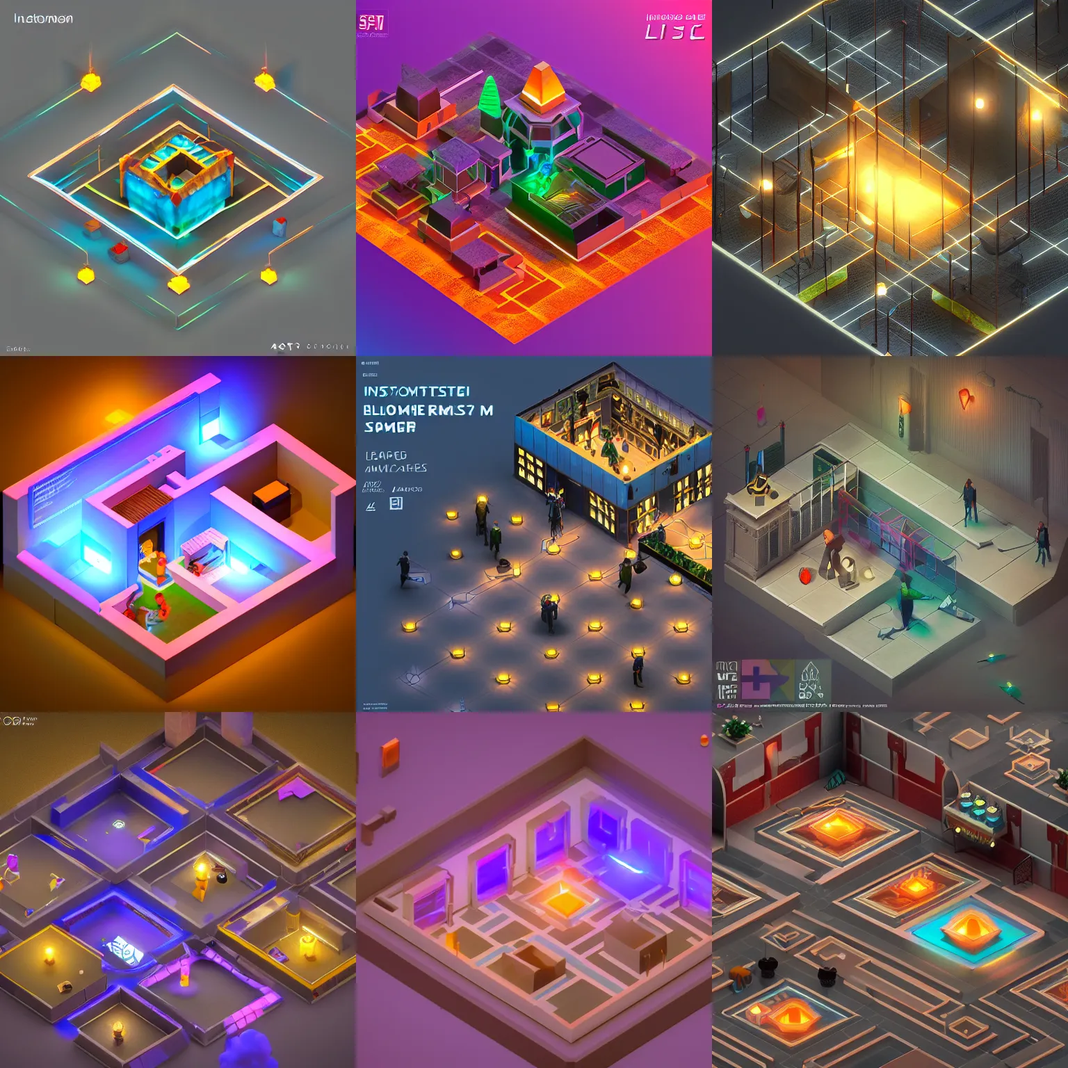 Prompt: isometric game art museum escape room, lights with bloom, trending on artstation, Mohamed Chahin style, vray render with ambient lights and volume 4k