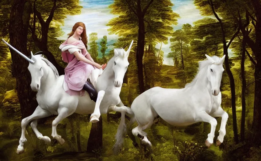 Prompt: adventurous princess riding a white unicorn, in a forest clearing, ultra realistic, photorealistic, portrait, renaissance painting