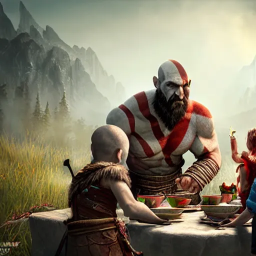 Image similar to god of war having a tea party with little kids, digital painting, 3 d, octane render